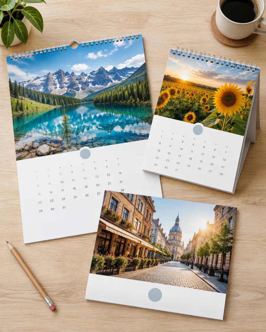 Three printed custom calendars with full-color photos spread out on a wooden table