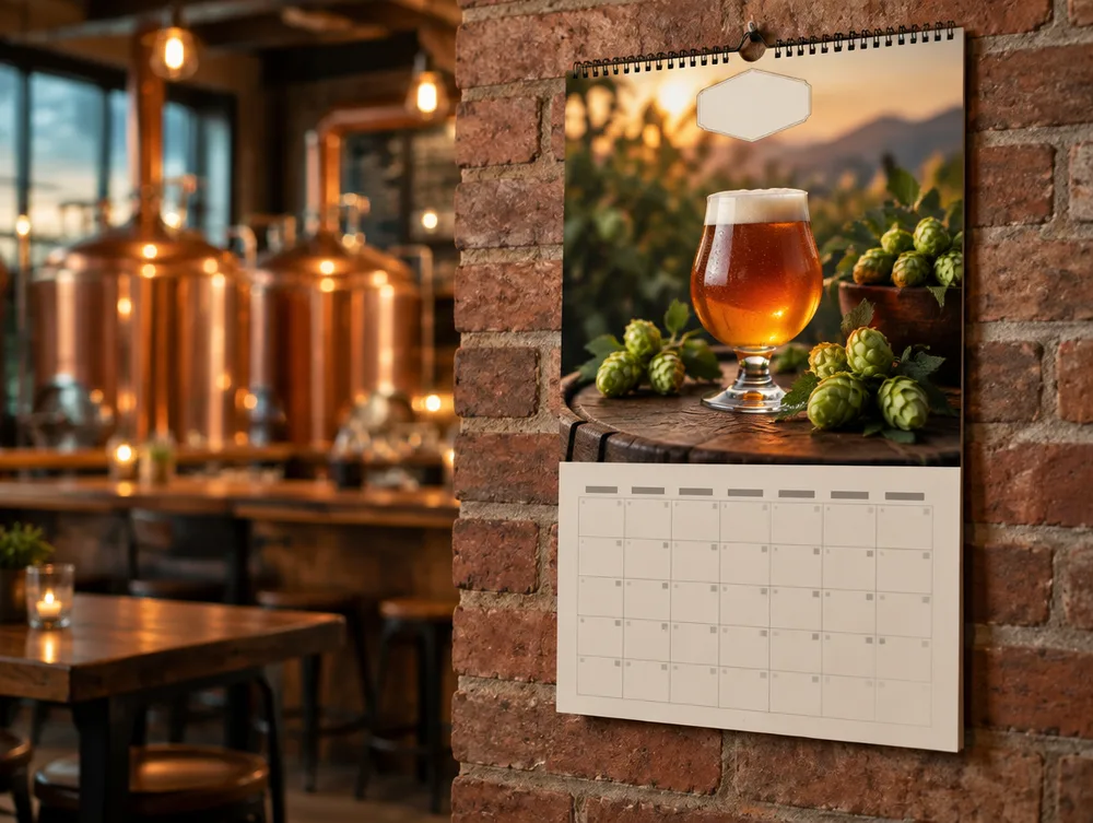 A craft beer calendar hanging on a brick wall in a brewery taproom