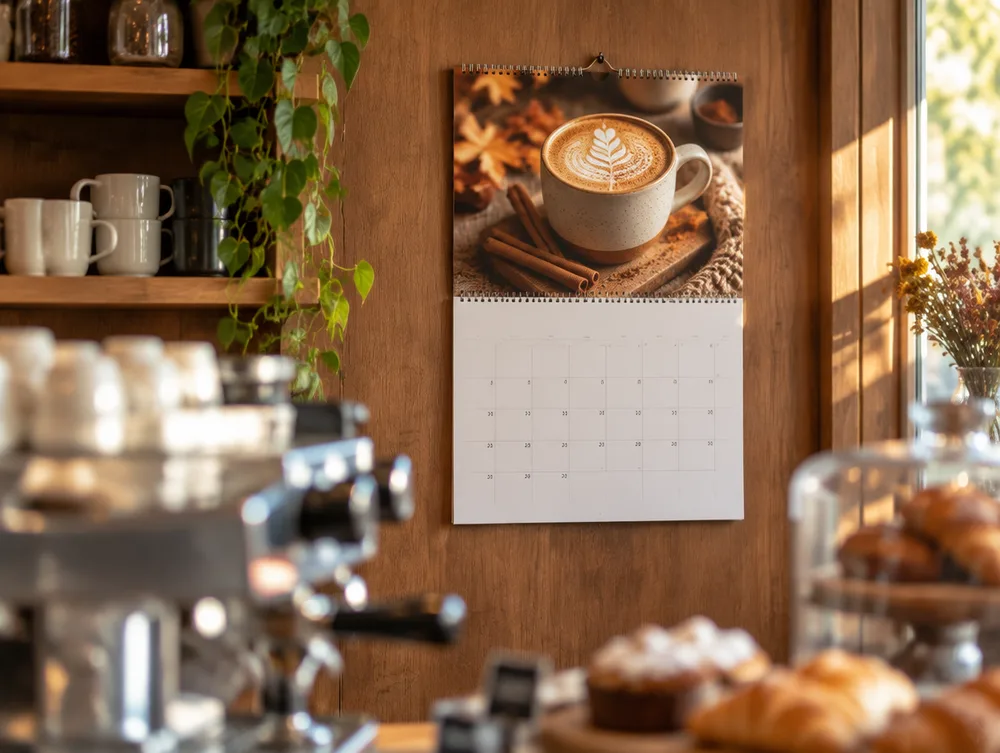 A coffee shop wall calendar with an autumn latte photo behind the counter