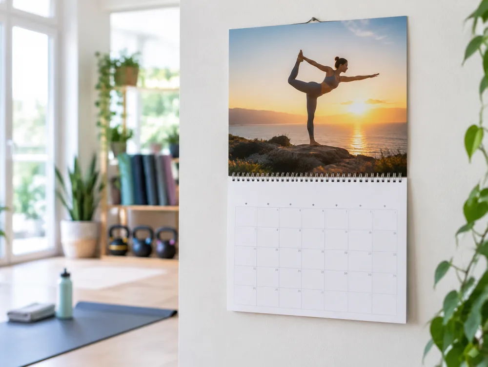 A fitness studio wall calendar with a yoga photo