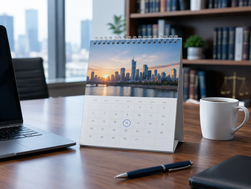 A desk calendar with a city skyline photo on a walnut desk in a professional office