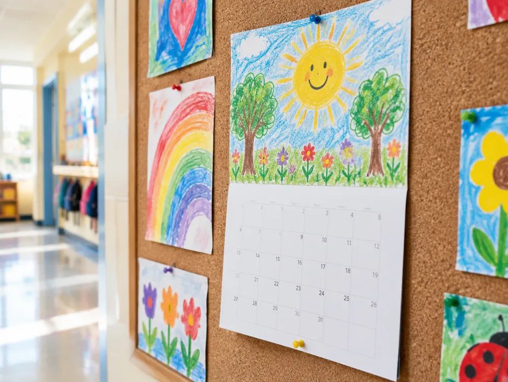 A school calendar with a child's crayon drawing pinned to a hallway cork board