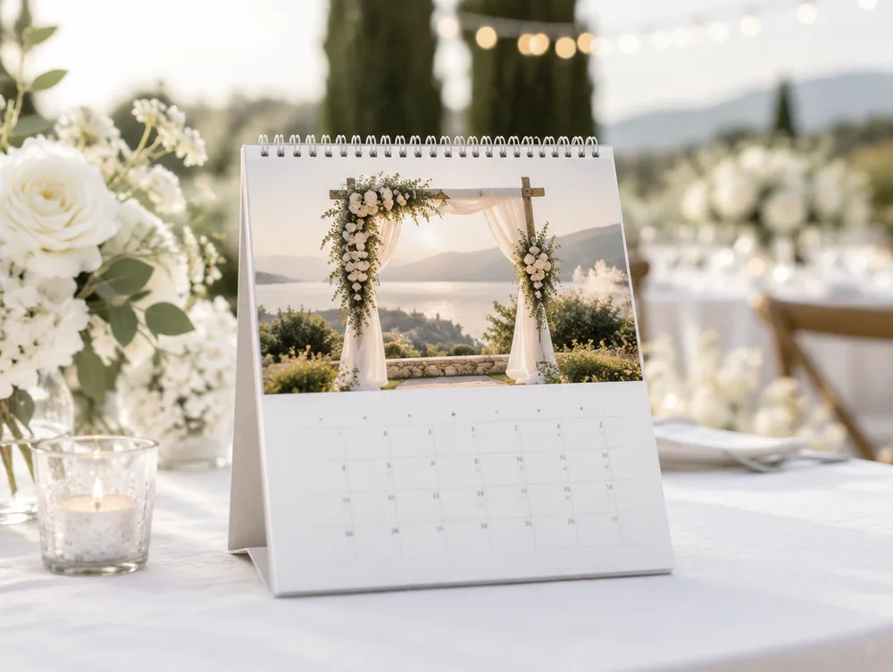 A desk calendar with a wedding arch photo on a linen table at a wedding venue